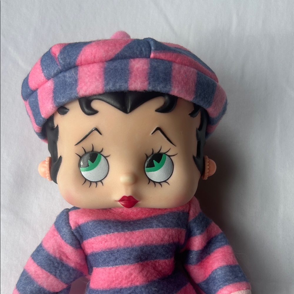 Vintage 80’s Betty Boop Doll in Pink and Blue stripe outfit, 12 inches tall